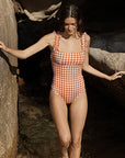 TERRACOTTA GINGHAM RUFFLE ONE PIECE